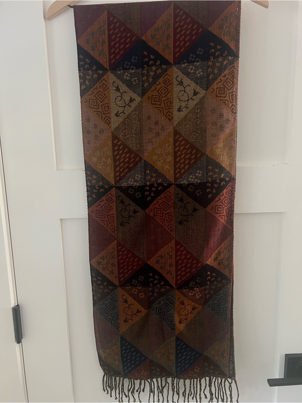 100% Wool Scarf Sacred Threads Bohemian Geometric Patchwork Fringe - Picture 3 of 8